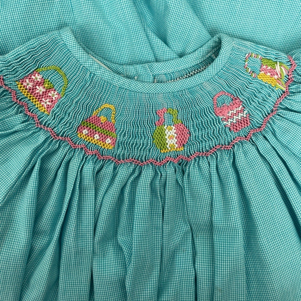 Amanda Remembered Smocked Dress Girls Size 4 Teal Purse Embroidery - Picture 2 of 6